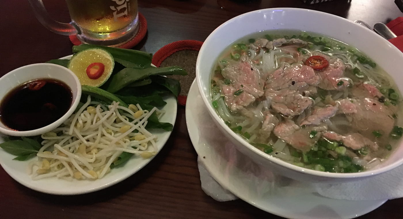 Phở bò tái with bean sprouts, herbs, hoisin, lime and a Tiger Beer, Hội An, Vietnam